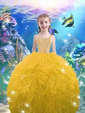 New Arrival Gold Sleeveless Beading and Ruffles Floor Length Little Girl Pageant Gowns