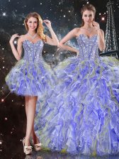 Glittering Lavender Ball Gowns Sweetheart Sleeveless Organza Floor Length Lace Up Beading and Ruffles Ball Gown Prom Dress
