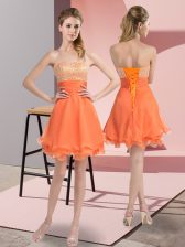 Customized Mini Length Lace Up Prom Dress Orange for Prom and Party and Sweet 16 with Beading and Ruffled Layers and Ruching