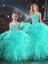 Pretty Beading and Ruffles Quinceanera Gown Turquoise Lace Up Sleeveless Floor Length