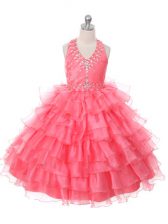 Most Popular Floor Length Lace Up Child Pageant Dress Coral Red for Wedding Party with Beading and Ruffled Layers