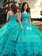 Trendy Floor Length Zipper 15 Quinceanera Dress Turquoise for Military Ball and Sweet 16 and Quinceanera with Embroidery and Ruffled Layers