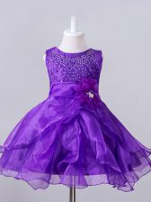 Super Purple Scoop Neckline Beading and Hand Made Flower Little Girls Pageant Dress Sleeveless Zipper