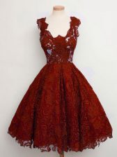 Perfect Rust Red Lace Up Straps Lace Court Dresses for Sweet 16 Lace Sleeveless