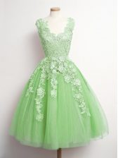  Yellow Green Tulle Lace Up V-neck Sleeveless Knee Length Damas Dress Appliques