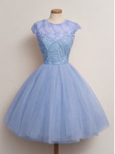 Best Blue Ball Gowns Lace Dama Dress for Quinceanera Lace Up Tulle Cap Sleeves Knee Length