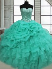 Low Price Turquoise Organza Lace Up Sweetheart Sleeveless Floor Length Quinceanera Gown Beading and Ruffles and Pick Ups
