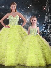Trendy Yellow Green Ball Gowns Beading and Ruffles Ball Gown Prom Dress Lace Up Tulle Sleeveless Floor Length