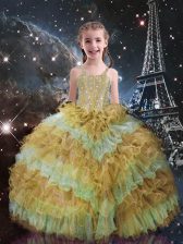 Fantastic Champagne Straps Lace Up Beading and Ruffled Layers Little Girls Pageant Gowns Sleeveless