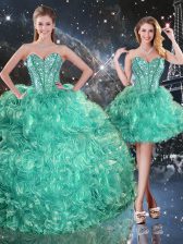 Super Sweetheart Sleeveless Vestidos de Quinceanera Floor Length Beading and Ruffles Turquoise Organza