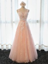 Fashionable Floor Length Peach Prom Evening Gown Scoop Sleeveless Lace Up