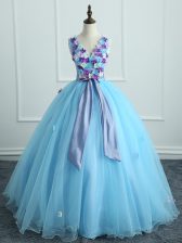 High Quality V-neck Sleeveless Lace Up 15th Birthday Dress Light Blue Organza