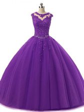  Scoop Sleeveless Lace Up 15th Birthday Dress Dark Purple Tulle