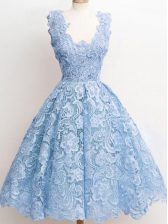  Knee Length Zipper Vestidos de Damas Light Blue for Prom and Party and Wedding Party with Lace