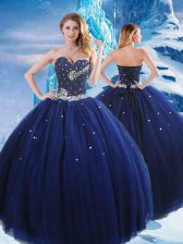 Stunning Navy Blue Sweetheart Neckline Beading 15th Birthday Dress Sleeveless Lace Up