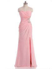  Baby Pink Column/Sheath Sweetheart Sleeveless Chiffon Floor Length Side Zipper Beading and Ruching Prom Dresses