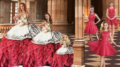 Fashion White And Red Taffeta Lace Up Sweetheart Sleeveless 15th Birthday Dress Brush Train Embroidery and Ruffles