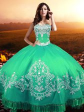 Dynamic Floor Length Turquoise Quinceanera Dress Taffeta Sleeveless Beading and Appliques