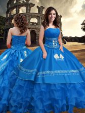 Wonderful Floor Length Zipper Ball Gown Prom Dress Blue for Military Ball and Sweet 16 and Quinceanera with Embroidery and Ruffled Layers