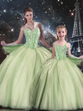  Yellow Green Sleeveless Floor Length Beading Lace Up Quince Ball Gowns