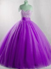  Eggplant Purple Tulle Lace Up Sweetheart Sleeveless Floor Length 15th Birthday Dress Beading