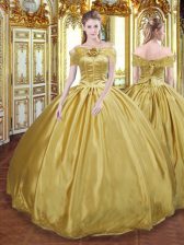 Eye-catching Floor Length Lace Up Vestidos de Quinceanera Gold for Military Ball and Sweet 16 and Quinceanera with Beading and Appliques and Hand Made Flower