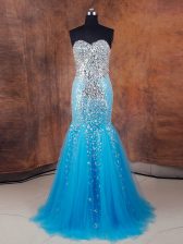 New Arrival Baby Blue Lace Up Evening Dress Beading and Sequins Sleeveless Floor Length