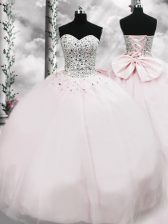 Best Selling Sweetheart Sleeveless Brush Train Lace Up Quinceanera Dress Pink Tulle