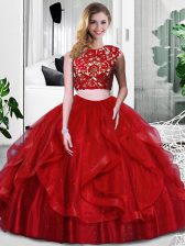 Exceptional Wine Red Sleeveless Floor Length Lace and Ruffles Zipper 15th Birthday Dress