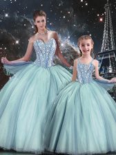 Edgy Tulle Sweetheart Sleeveless Lace Up Beading Sweet 16 Quinceanera Dress in Light Blue