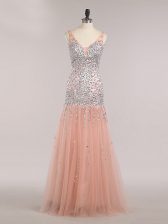  Peach Mermaid Beading and Sequins Prom Dresses Zipper Tulle Sleeveless Floor Length