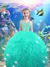  Turquoise Ball Gowns Straps Sleeveless Organza Floor Length Lace Up Beading Child Pageant Dress