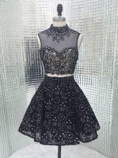 Spectacular Black Two Pieces Sequined High-neck Sleeveless Beading and Lace and Appliques Mini Length Backless Prom Dress