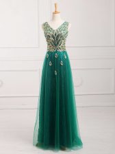 Superior Dark Green Empire V-neck Sleeveless Tulle Floor Length Zipper Lace Prom Gown