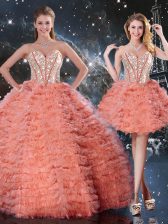  Sleeveless Floor Length Beading and Ruffled Layers Lace Up Quinceanera Gowns with Watermelon Red