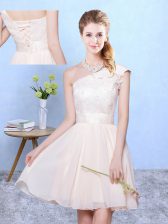  Cap Sleeves Chiffon Knee Length Lace Up Quinceanera Dama Dress in Champagne with Appliques