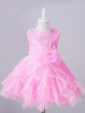 Superior Knee Length Rose Pink Toddler Flower Girl Dress Organza Sleeveless Beading and Hand Made Flower