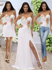 Charming White Elastic Woven Satin Zipper Prom Dress Sleeveless Floor Length Appliques