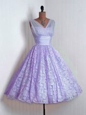Beautiful Mini Length Lace Up Quinceanera Dama Dress Lavender for Prom and Party and Wedding Party with Lace