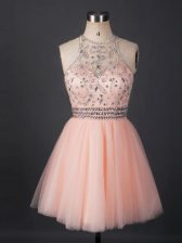 Shining Sleeveless Mini Length Beading Lace Up Dress for Prom with Peach
