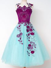 Sweet Aqua Blue Lace Up Straps Appliques Quinceanera Court of Honor Dress Tulle Sleeveless