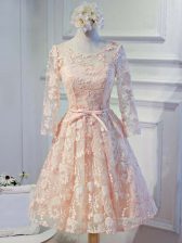  Peach A-line Organza Scoop Long Sleeves Appliques Knee Length Lace Up Prom Gown