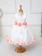 Hot Sale White Scoop Neckline Appliques and Bowknot and Hand Made Flower Little Girls Pageant Gowns Sleeveless Zipper