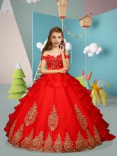  Red Ball Gowns Appliques and Embroidery Girls Pageant Dresses Lace Up Tulle Sleeveless Floor Length