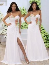 Fantastic White Column/Sheath Sweetheart Sleeveless Elastic Woven Satin Floor Length Zipper Appliques and Ruching Prom Dress