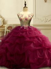  Burgundy Scoop Lace Up Appliques and Ruffles and Sequins Ball Gown Prom Dress Sleeveless