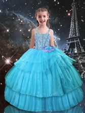 Fantastic Floor Length Ball Gowns Sleeveless Aqua Blue Girls Pageant Dresses Lace Up