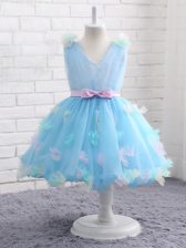 Top Selling Baby Blue Sleeveless Knee Length Appliques and Hand Made Flower Zipper Flower Girl Dresses for Less