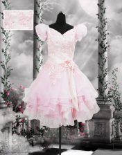 Eye-catching Baby Pink Lace Up Prom Dress Beading and Appliques and Ruffles and Hand Made Flower Short Sleeves Knee Length