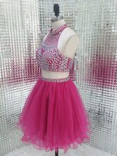 Fitting Fuchsia Two Pieces Tulle High-neck Sleeveless Beading Mini Length Backless Prom Gown